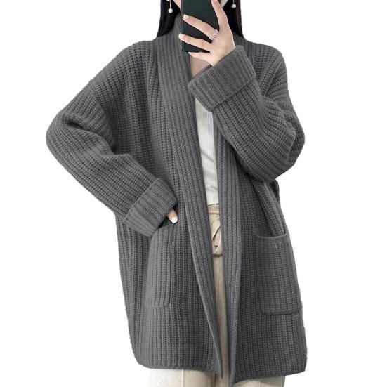 Sweater Coat Lapel Long Sleeve Open Front Knitting Sweater Coat with Pockets Solid Color Mid-length Casual