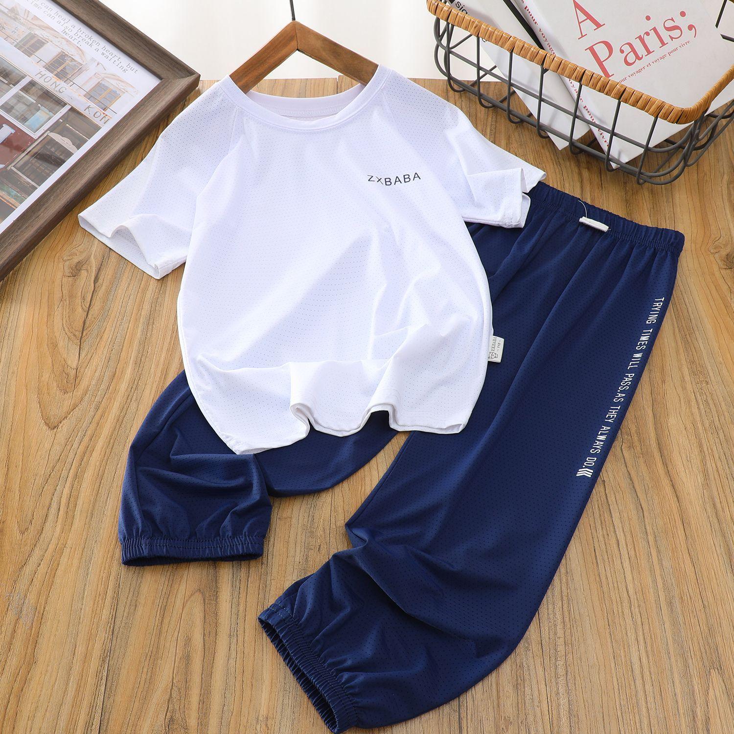 

Детские сетчатые брюки с коротким рукавом Ice Silk, спортивный комплект, летняя футболка с коротким рукавом для мальчиков, повседневные брюки-фонарики 160