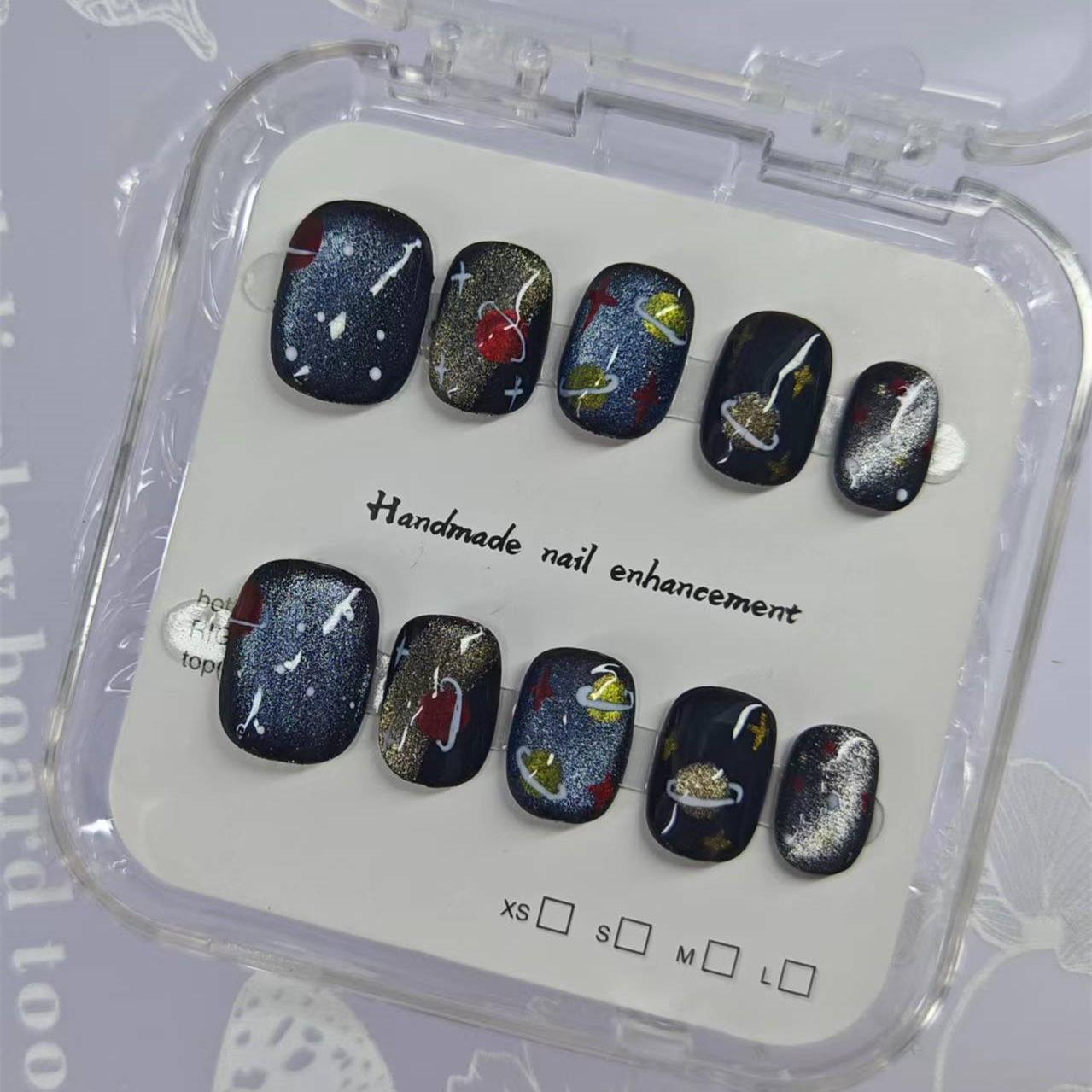 

Happy Planet: Starry Sky Cat Eye Manicure - Hand-painted, Wearable Universe-Themed False Nails Large L