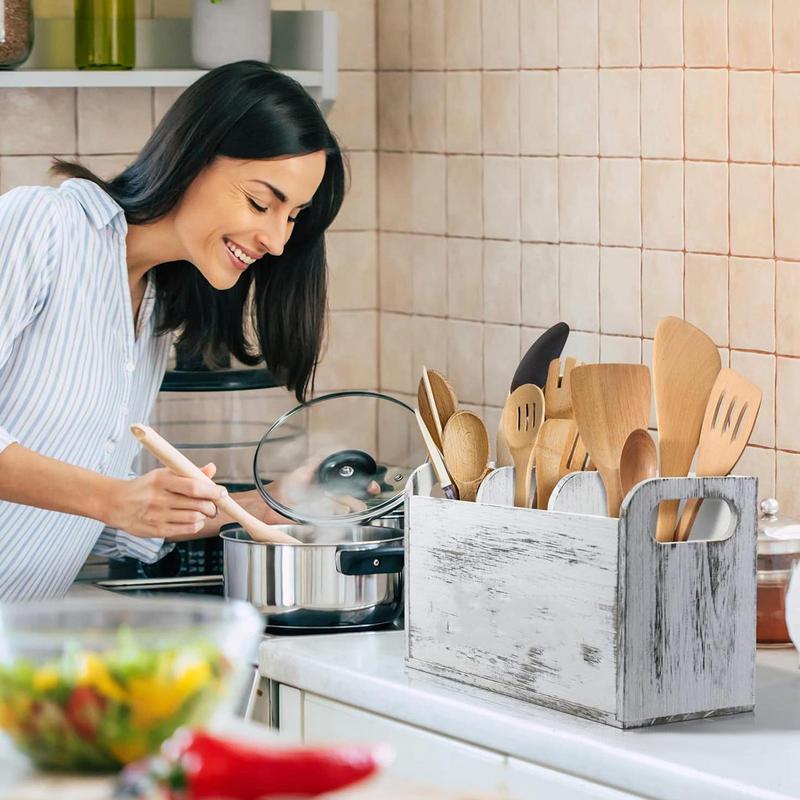 

Utensil Storage Box Wooden Large Capacity Utensil Holder Farmhouse Kitchenware Case With Handles Divided Cutlery Box For Counter CHINA