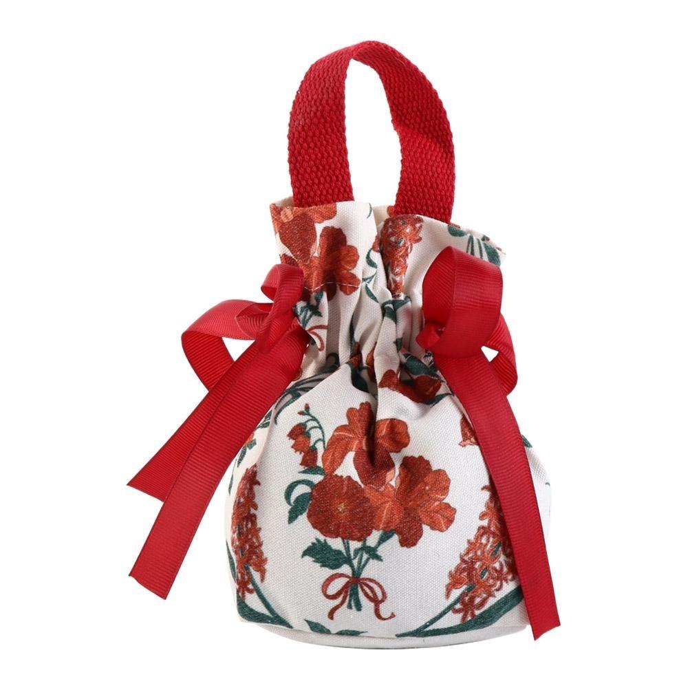 Floral Canvas Drawstring Bag Bird Bowknot Handbag Elegant Small Flower Wrist Bag  Festival