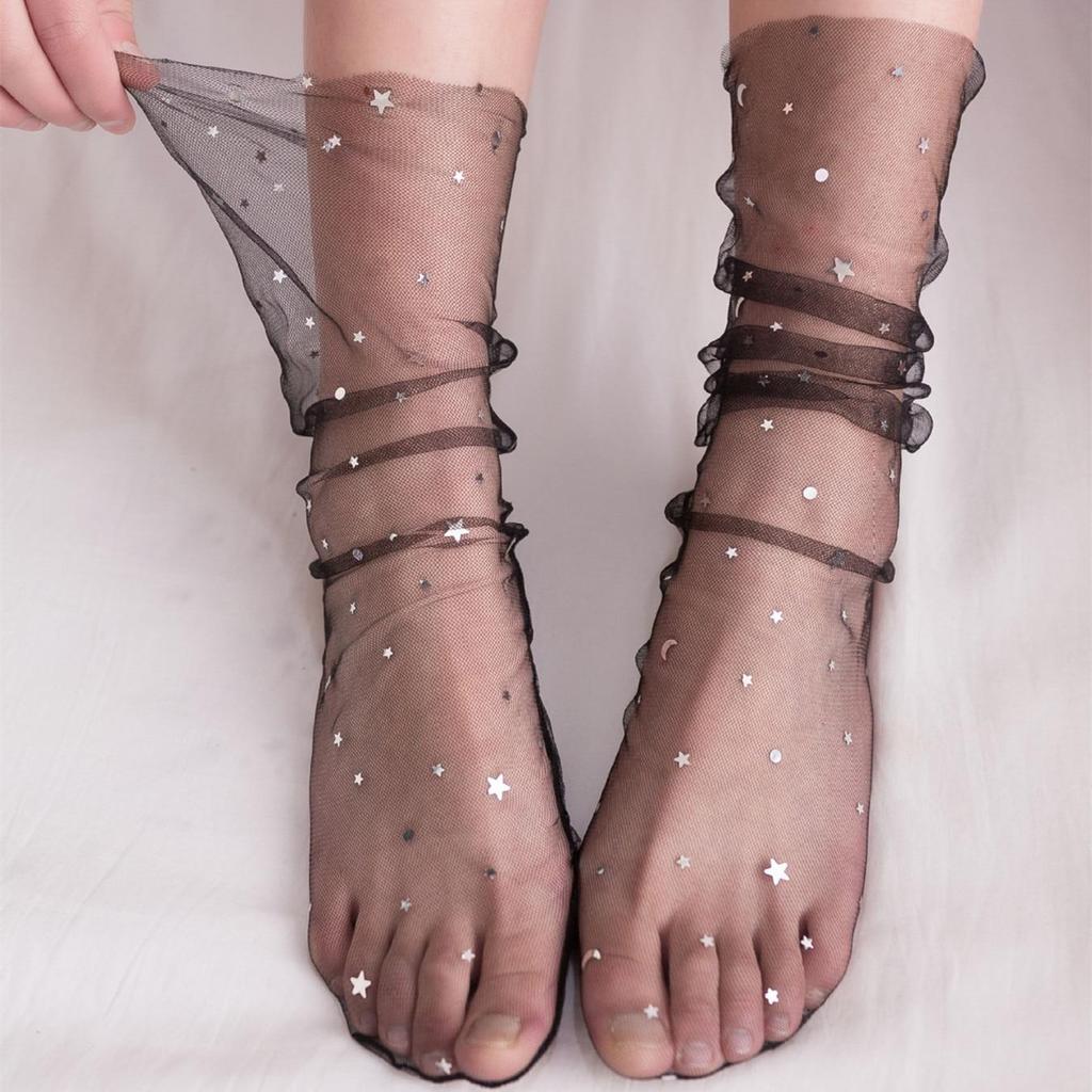 See Through Transparent Women Socks Colorful Star Summer Ultra-thin Nylon Loose Long Socks Women Sweet Girls Mesh Lace Socks Sox