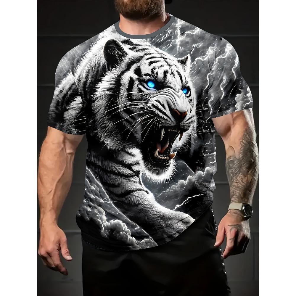 2025 Heren 3D Tijgerprint Korte Mouwen Ronde Hals T-shirt Ademend Stretch Casual Mode T-shirt Buitenfeest Weekend Kleding Tops