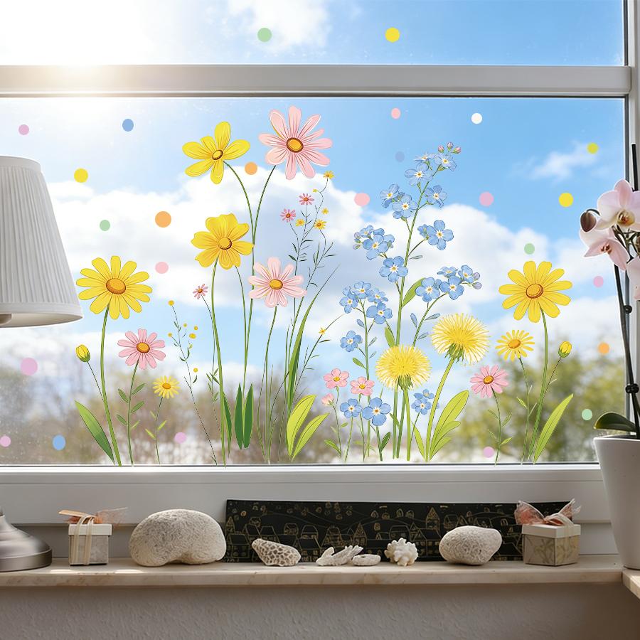Static Window Clings For Kids Room Sunflowers Daisies Floral Wall Decals Reusable No Glue Window Stickers For Bedroom Home Decor