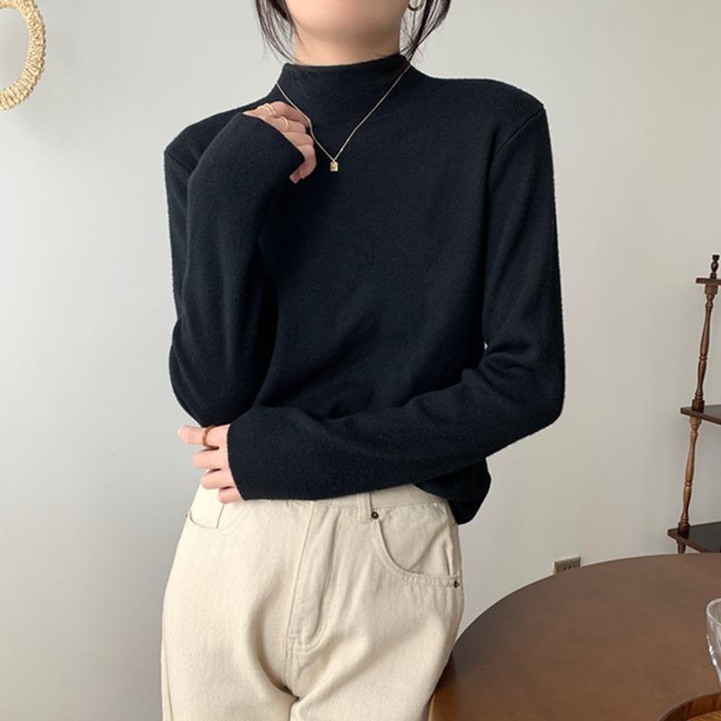 Coffee Semi-turtleneck Stacked Knitted Sweater Women's Autumn and Winter Simple Inner Long-sleeved Bottoming Top Soft Waxy Basic Sweater