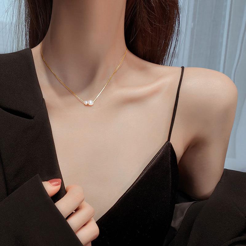 Yuan Quan Jewelry Pearl Necklace for Women, Double Pearl Collarbone Chain, Gift Neck Decoration, Box Chain, Simple