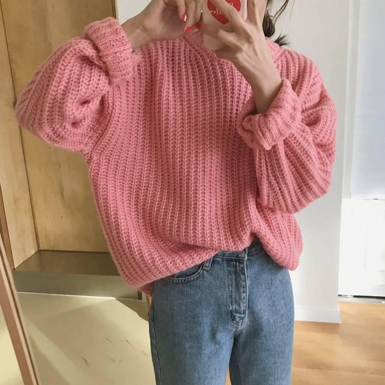 

WTEMPO Сплошной цветной свитер с круглым вырезом, женский корейский осенне-зимний свободный пуловер, базовый свитер S розовый