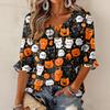 Women's Halloween Print Round Neck Tie Front Ruffle Blouse Three-Quarter Sleeves