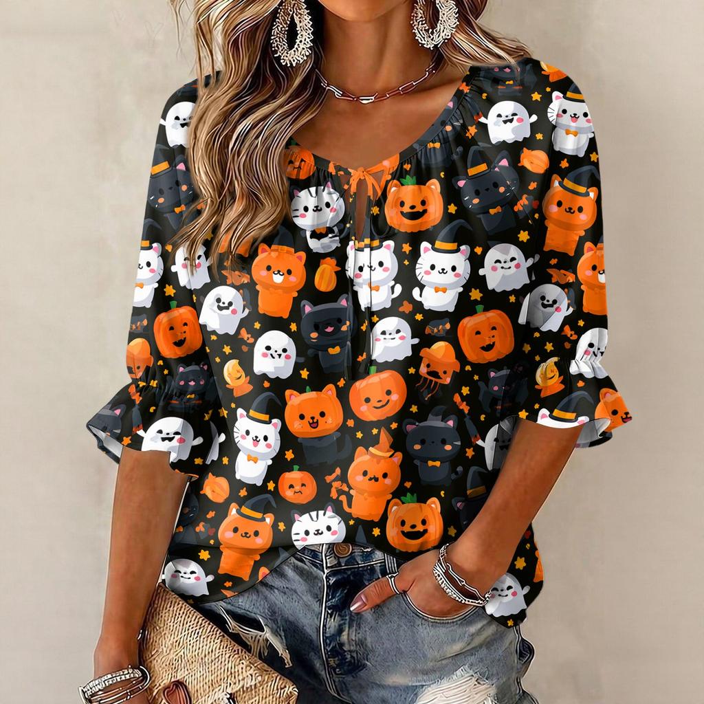 Women's Halloween Print Round Neck Tie Front Ruffle Blouse Three-Quarter Sleeves