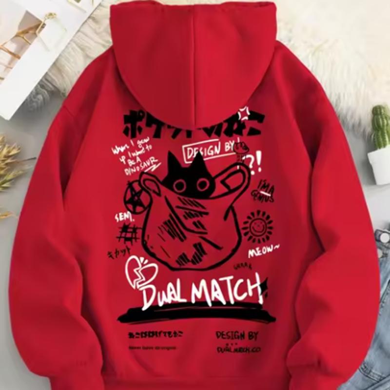 Cute Cat Cartoon Printed Sweatshirt Women Harajuku Casual Loose Hooded Fashion Soft Pocket Hoodies Autumn Clothes