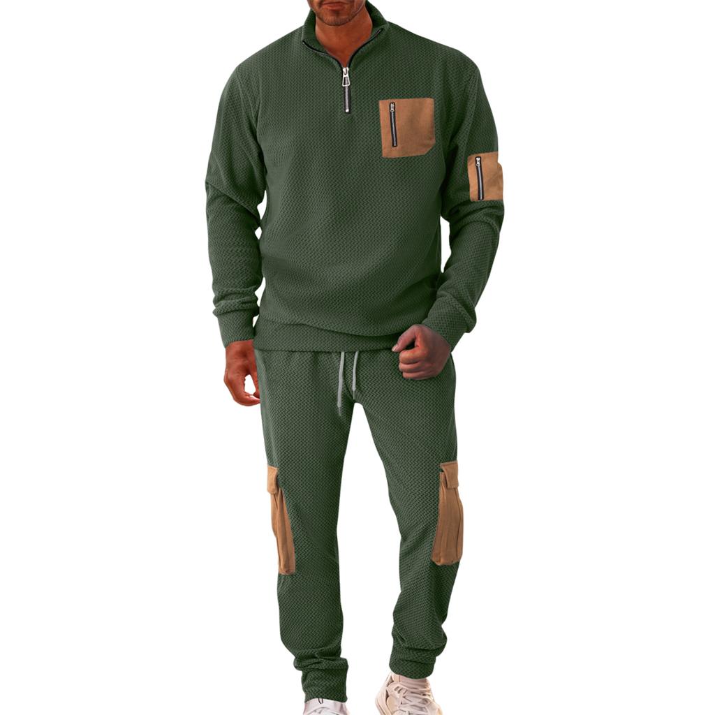Men's Winter Fleece Tracksuit Sets  Stand Collar Sweatshirt Cargo Sweatpants 2 Piece Jogging