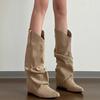 Autumn Winter Pleated Women Western Cowboy Boots Internal Elevation Knight Booties Zapatos De Mujer