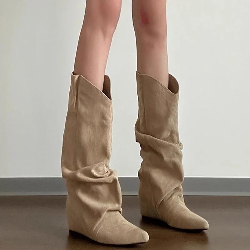 Autumn Winter Pleated Women Western Cowboy Boots Internal Elevation Knight Booties Zapatos De Mujer