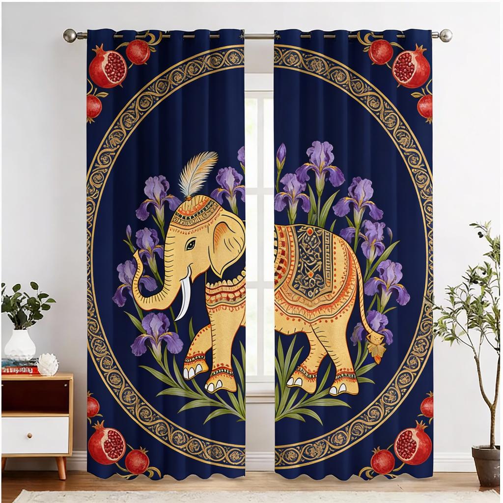 2 stuks Thaise Olifant Print Gordijnen - Levendig Bloemen- en Geometrisch Ontwerp, Verduisterend Stof, Stangzak Ophanging, Machinewasbaar