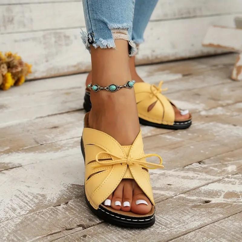 Large Size Bow Wedge Heel Flat Bottom Cool Slippers New Solid Color Fish Mouth Hollow Hole Shoes