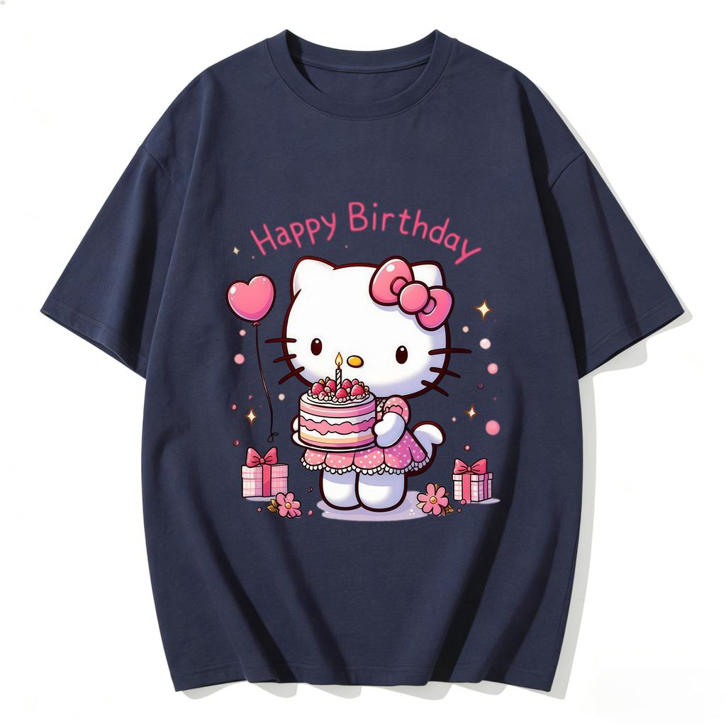 2026 New Hello Kitty Happy Birthday Cake Cartoon Print Tshirt Family Matching Outfits Casual Short Sleeve Tee for Women Unisex Kid