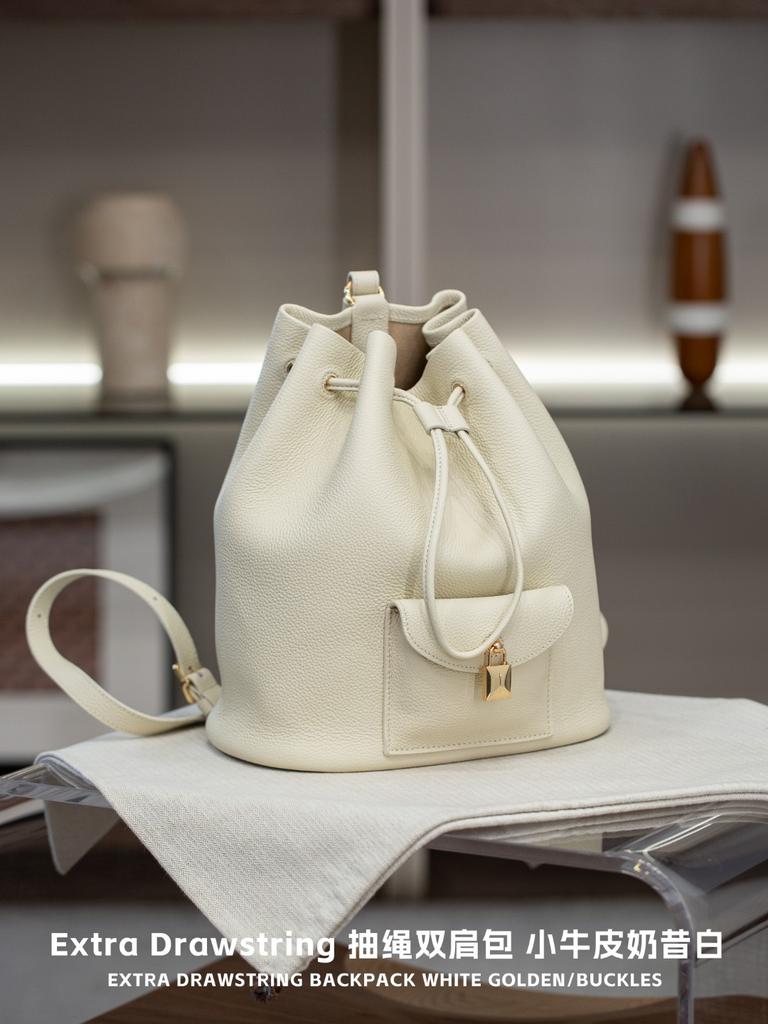 Extra Drawstring Double Leather Bag New Style Frosted Surface Top Layer Cowhide Leather Handbag High-End Sense Minimalist Double Leather Bag