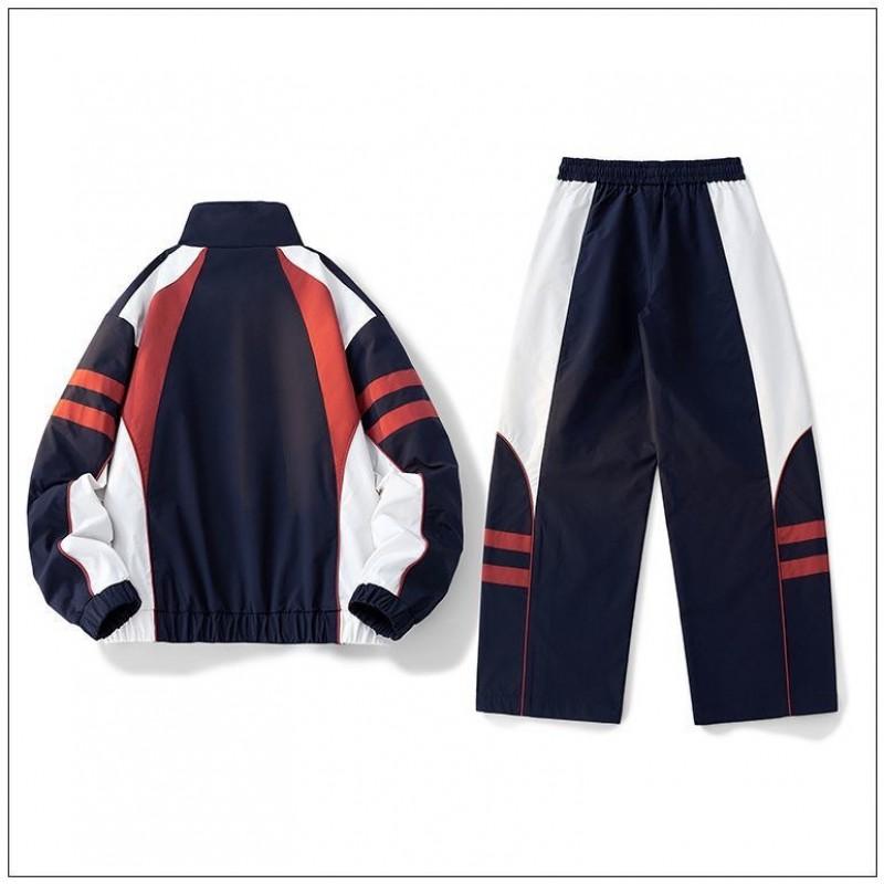 2025 Fall Winter American Retro Color Block Tracksuit Long Sleeve Jacket Wide Leg Pants Set Men