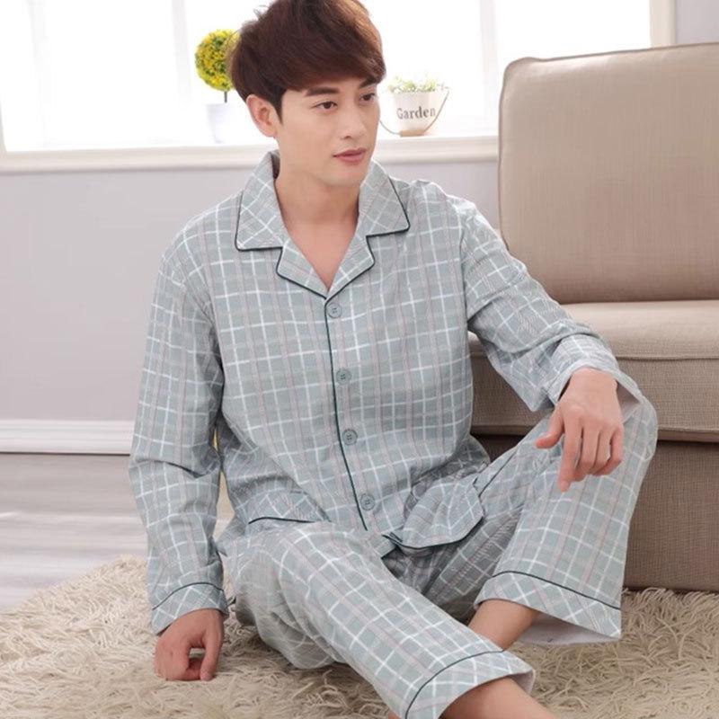 Men's Plus Size Long-Sleeve Plaid Cotton Pajamas for Spring & Autumn, Suitable for Outdoor Wear.