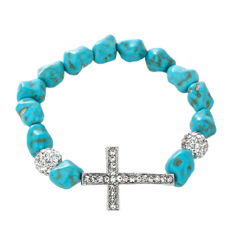 

Unisex Elastic Crosses Charm Bracelet Turquoise Bead Jewelry Adjustable Fit for All Wrist Sizes
