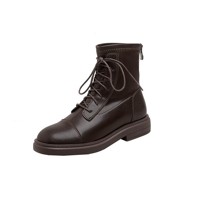 New leather Martin boots women's British versatile rear zipper flat-bottomed short boots thin boots women's knight boots