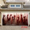 A 2D graphic design featuring a hand covered in blood reaching across a Halloween party banner.