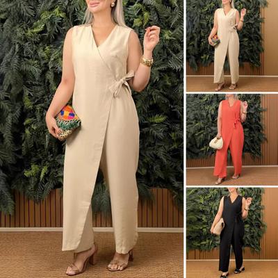 Women Jumpsuit V Neck Sleeveless Lace-up Slim Waist Wide Leg Asymmetric Design Solid Color Formal Business One-piece Outfit