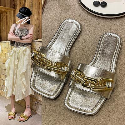 Pantoufles plates à chaîne pour femmes, sandales d'été, chaussures décontractées, tongs de marche à dos ouvert, chaussures de plage, diapositives de robe