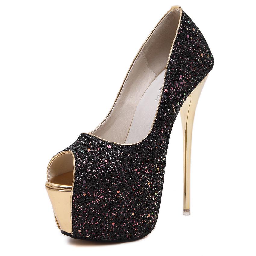 Sexy fish mouth shallow mouth fine heel sequins waterproof table high heels temperament fashion women's shoes