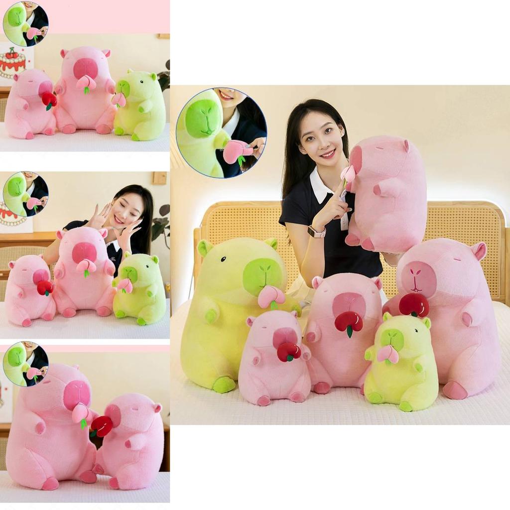 Adorable Peach Capybara Plush Toy Soft Pillow Doll In Green And Pink Colors