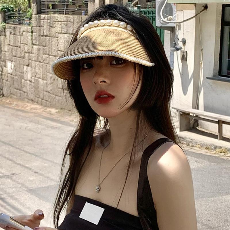 Women'S Summer New Fresh Beach Hat With Pearls Open Top Sun Hat Fashionable Raffia Straw Hat