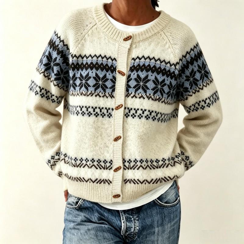 Womens Fair Isle Knit Cardigan Sweater Loose Fit Round Neck Button Front Long Sleeve 2026