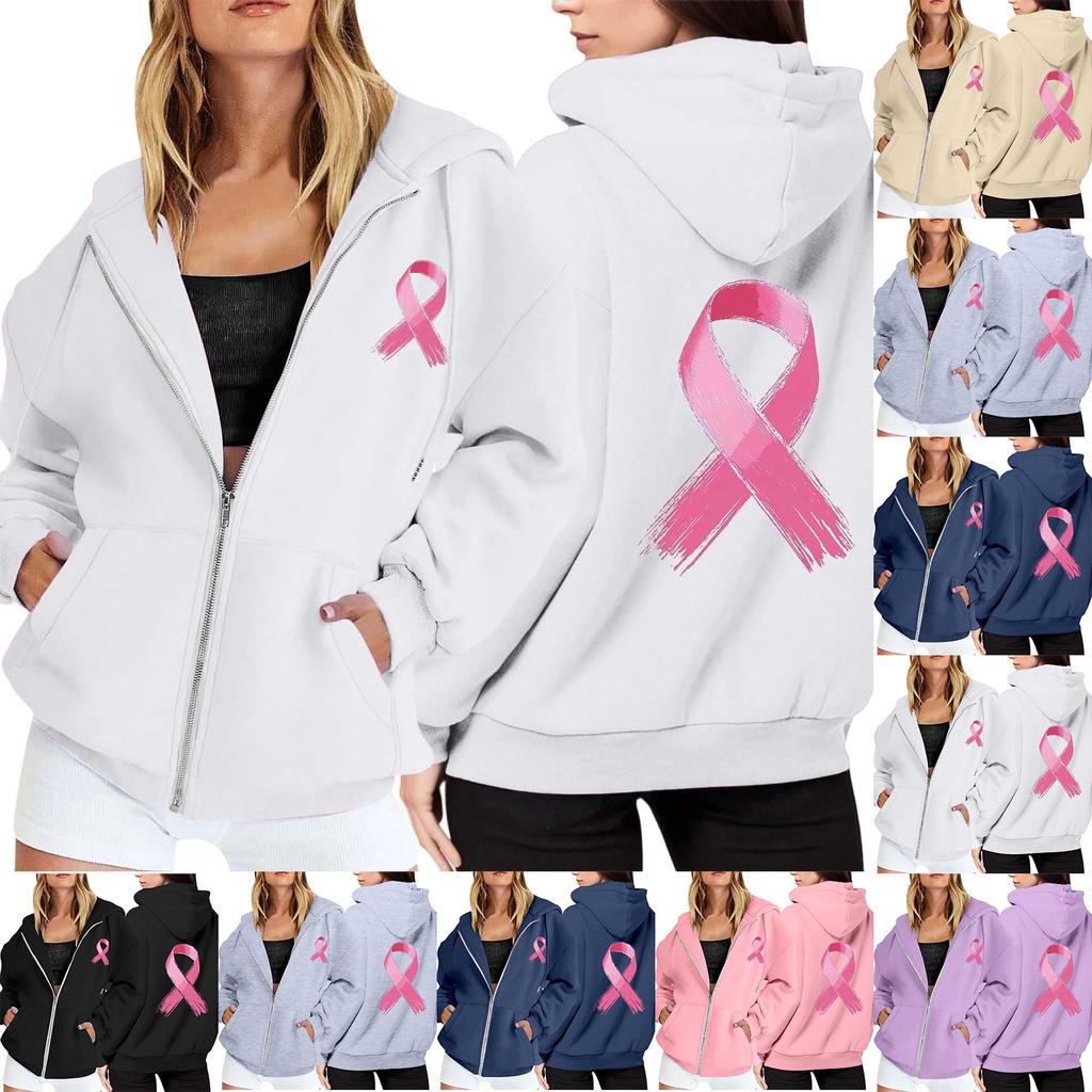 Women's Breast Sweatshirt Ribbon Breast Long Sleeve Hooded Pocket Casual Sweatshirt Jacket