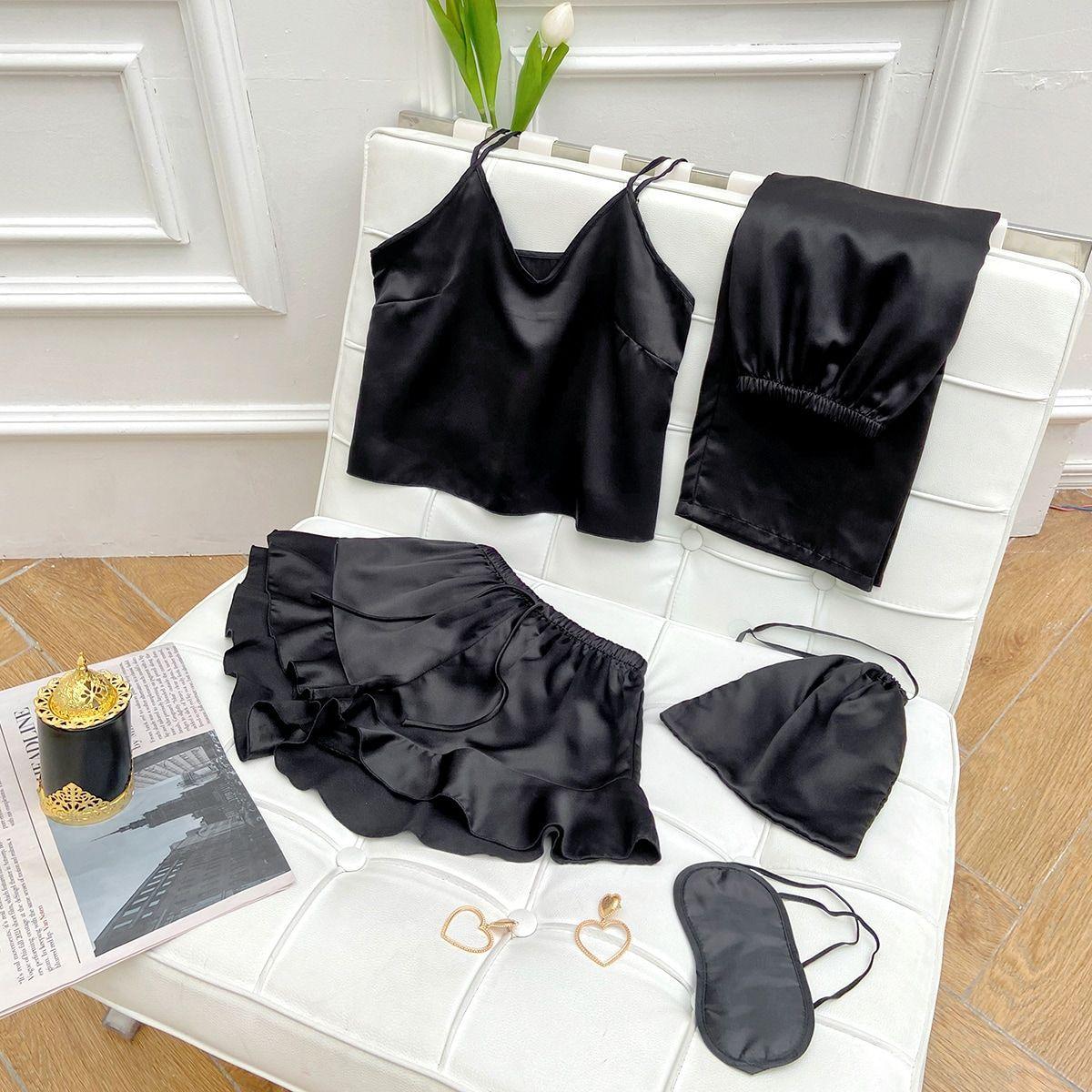 

Пижамный комплект из трех предметов. Весенне-летние подтяжки, шорты, брюки. Домашняя одежда. Мягкий пижамный комплект для отдыха. M чёрный