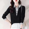 Spring and Autumn Korean Fashion Western Style Fake Two-piece Shirt Women's Long-sleeved Sweater  Sweater Top Bottoming Shirt
