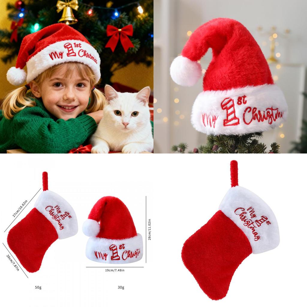 Plush Santa Christmas Hat And Stocking Set Letter Embroidery Design Gift For