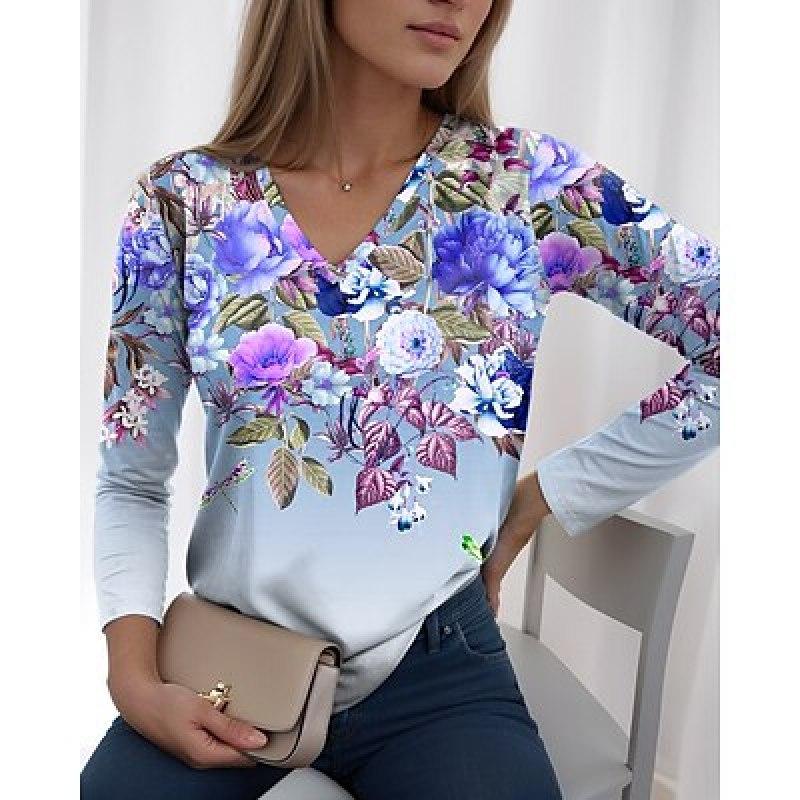 Women's T shirt Tee Floral Holiday Weekend Pink Blue Purple Print Long Sleeve Fashion V Neck Regular Fit Spring &  Fall