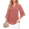 Women V Neck Chiffon Blouse With Split Three Quarter Sleeves Casual Layered Top