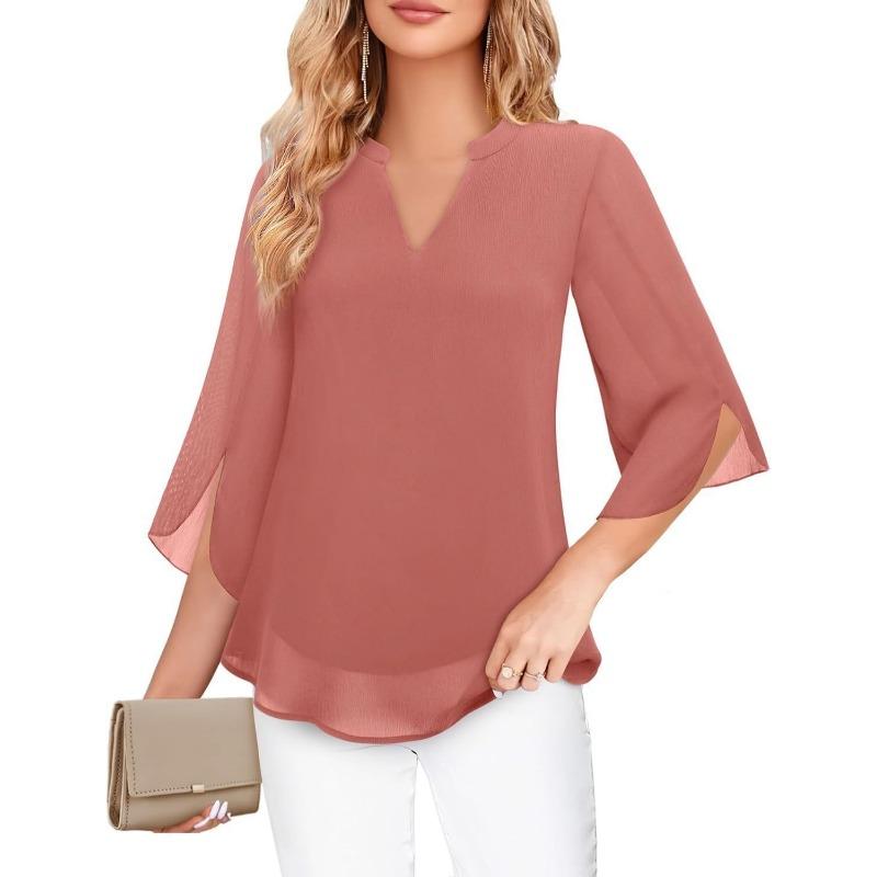 Women V Neck Chiffon Blouse With Split Three Quarter Sleeves Casual Layered Top