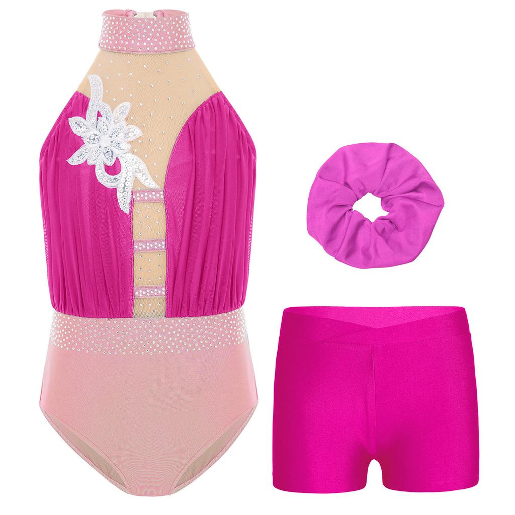 Girls Gymnastics Dance Outfit Sleeveless Keyhole Back Rhinestones Leotard V Waistband Shorts Hair Tie