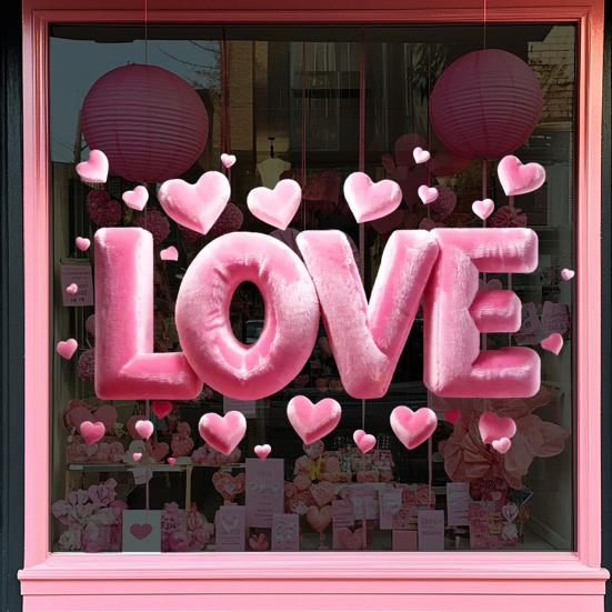 Valentine's Day Window Cling Removable Waterproof PVC Pink Bow Love Letter Heart Static Glass Sticker Wedding Holiday Party Window Decoration Decal