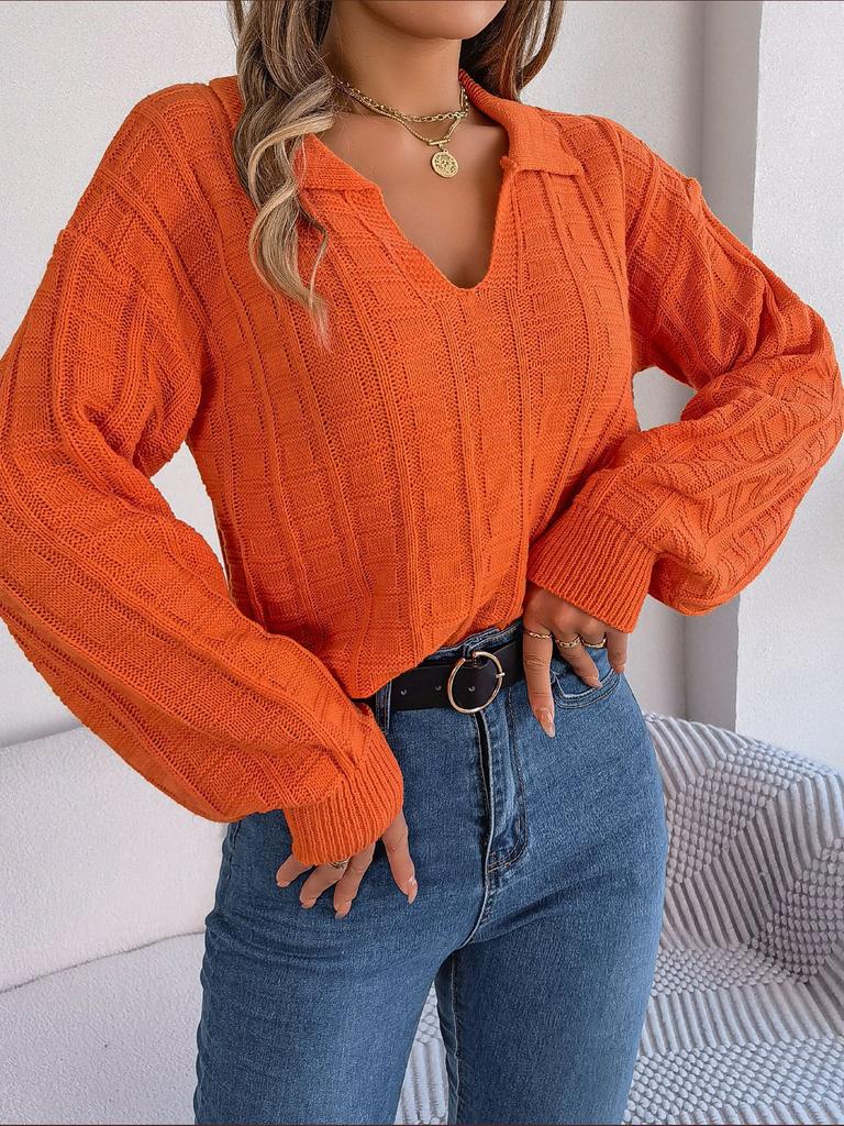 New Women's Autumn and Winter Polo Neck Long Sleeve Knitwear Fashion Pullover Loose and Comfortable V-neck Sweater Casual Long Sleeve Sweater