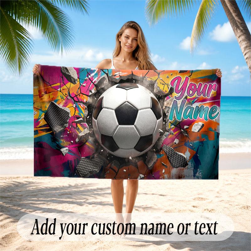 Soccer Theme Beach Towel Personalized Custom Name & Text Soft Quick Dry Beach Towel for Swimming Travel