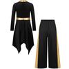 Girls Praise Worship Dance Dress Set Mock Neck Long Sleeve Asymmetrical Hem Metallic Patchwork Contrast Color Dress with Wide Leg Pants