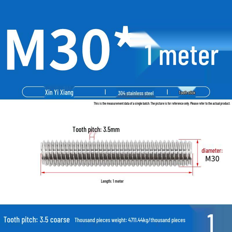 304 Stainless Steel Full Threaded Rod, 1 Meter, available in sizes M3, M6, M8, M10, M12.