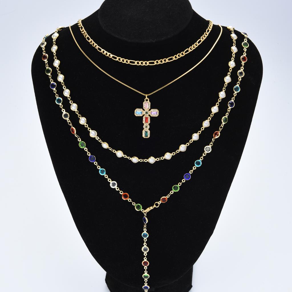 17KM 4 Piece Fashion Colored Cross Necklace Set Jewelry Women Trendy Shiny Daily Party Gift For Her