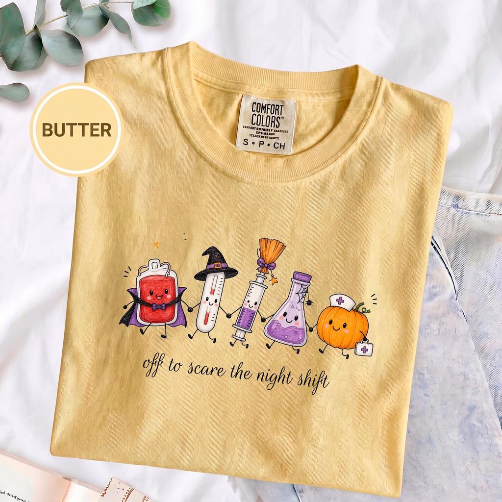 Halloween Nurse Tee, Spooky Ghost Doodle Design, Funny Healthcare Graphic, RN Life Comfort Colors for Night Shift Nurses
