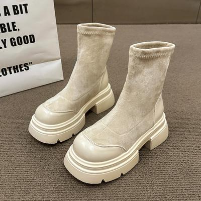 Wildleder Ballerinas Damen Stiefeletten Mittelhohe Absätze Modeschuhe Frau Marke 2025 Trend Pumps Goth Lässig Walking Chelsea Schnee Botas Mujer