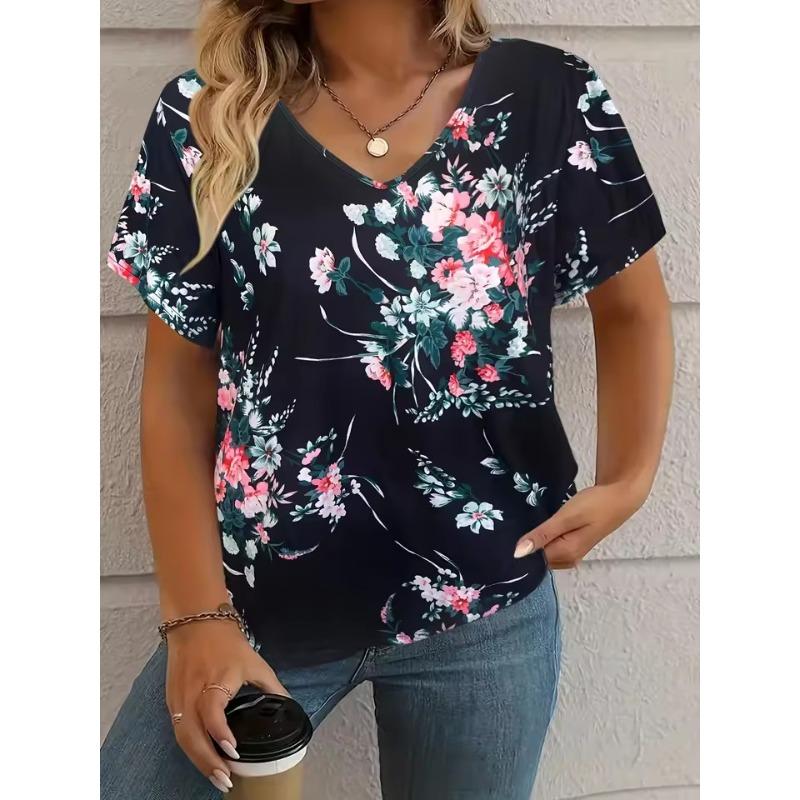 T-shirt Women's Summer Casual Elegant V-neck Short Sleeve Retro Floral 3D Top Loose Casual Wear Ladies T-shirt