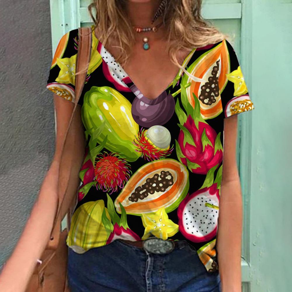 Tropical Plant Fruit 3D Printing T-shirt Summer Women's V-neck T-shirt Street Women's Clothing
